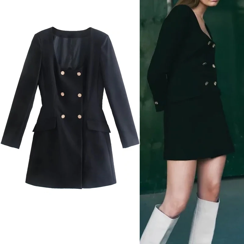 

TRAF 2021 Blazer Dress Women Long Sleeve Black Mini Dress Woman Autumn Elegant Office Dress Rhinestone Button Short Dresses
