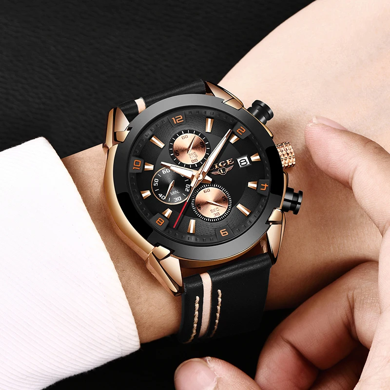 Часы наручные LIGE Мужские кварцевые с кожаным ремешком люксовые брендовые