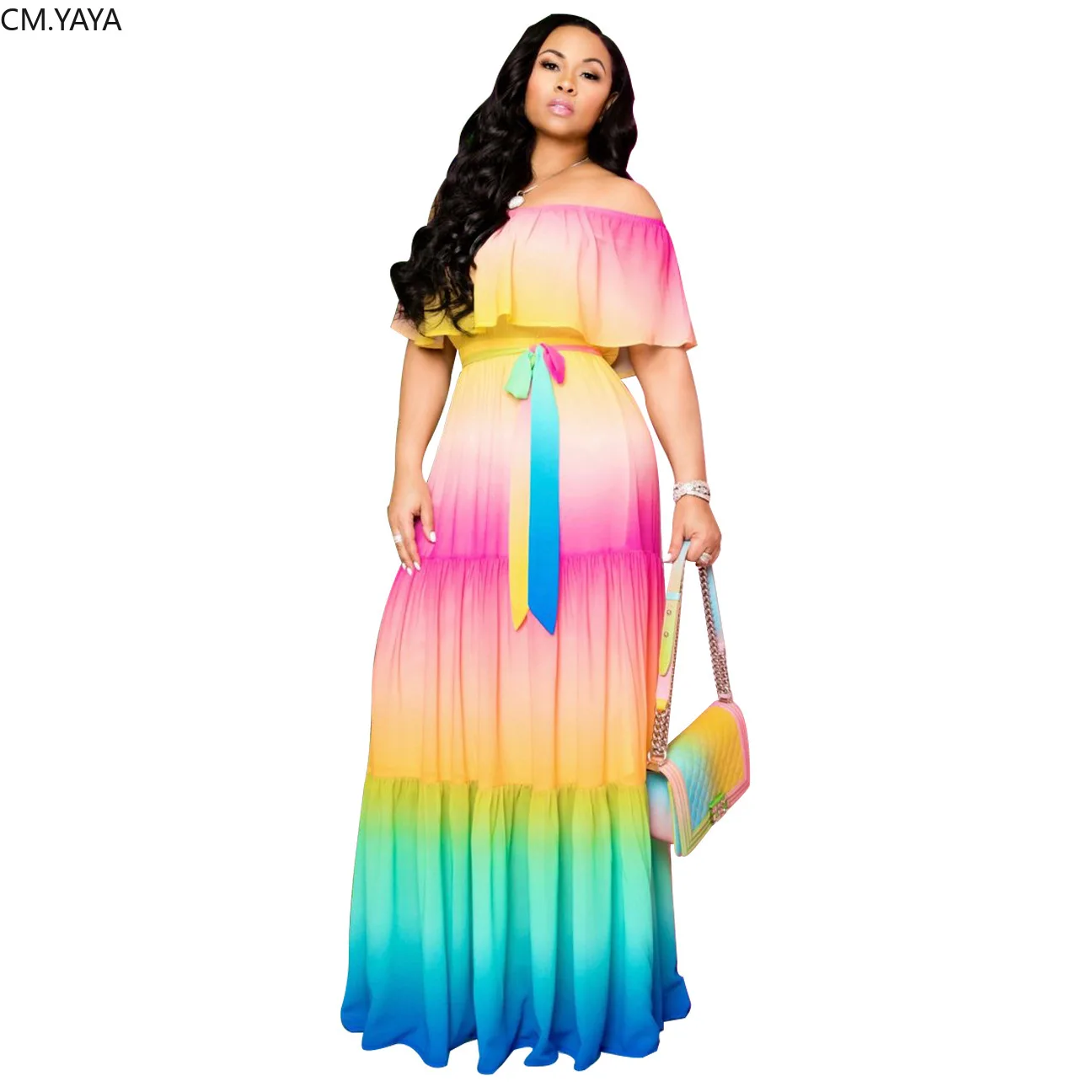 Женское длинное платье макси CM.YAYA летнее градиентное Радужное Платье с принтом в