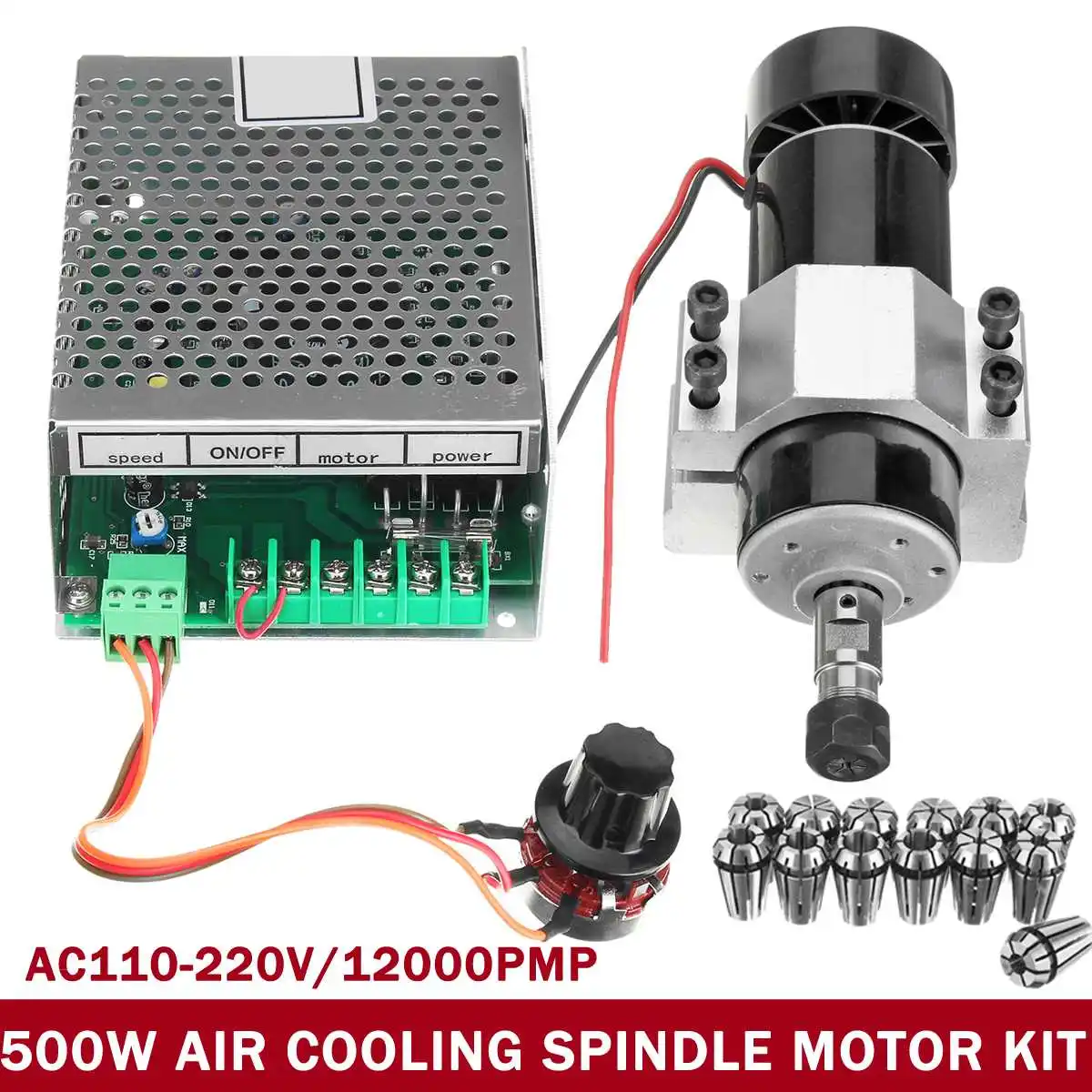 

WOLIKE 500W AC 110-220V Air Cooling Spindle Motor with 52mm Clamp and Power Supply Speed Governor With 11Pcs ER11 Collet