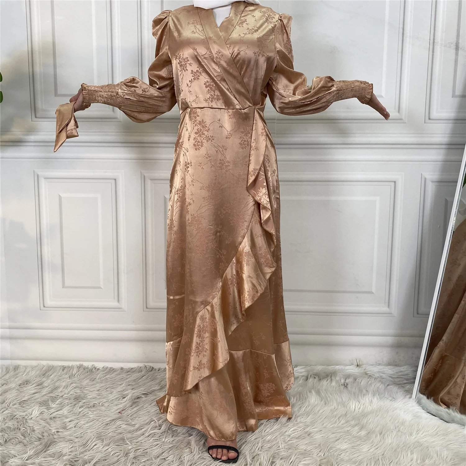 Fashion Flower Turkey Satin Abaya Muslim Woman Jilbeb Kaftan Moroccan Wedding Caftan Dress Pakistani Salwar Kameez Indian Robe |