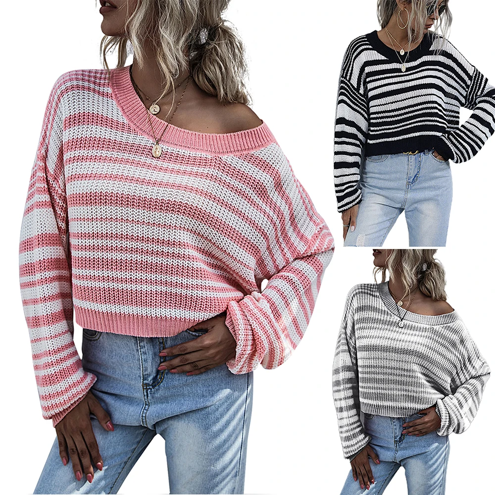 

2021 New Women O Neck Sweater Striped Loose Casual Short Tops Long Sleeve Pullover Knitted Spring Autumn Winter Tops
