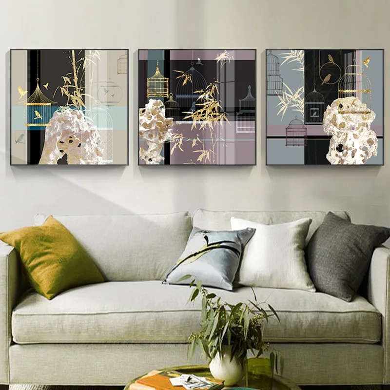 

Golden bird cage Bamboo Rockery Canvas Painting Art Prints And Posters Wall Pictures For Living Room Decor Picture On The Wall