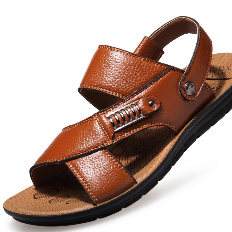 Summer Sandals Men's Genuine Leather Shoes Casual Breathable Slip On Peep Toe Low Heels Slippers Loafers Toish TS085