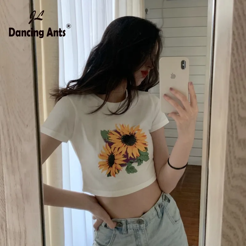 Женские футболки с круглым вырезом и коротким рукавом цветочным принтом корейские тонкие Топы 2020 летние
