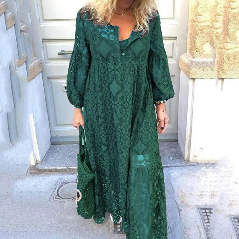 

Plus Size 5XL Lace Boho Women's Maxi Dresses Hollow Out Lantern Sleeve Long Dress Female Spring Summer Vestidos lace V neck