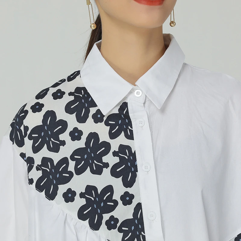 

CHICEVER Casual Dress For Women Lapel Short Sleeve Ruched Loose Patchwork Hit Color Print Floral Mid Dresses Female 2021 Clothes