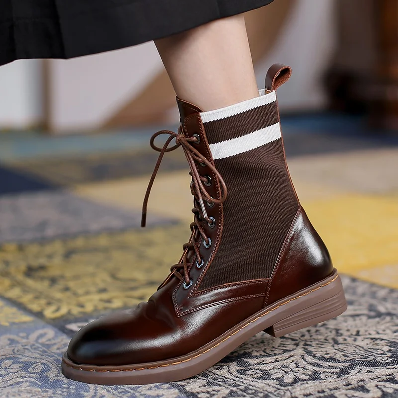 

genuine leather+elastic fabric women's ankle boots autumn winter boots round toe lace-up sock boots woman casual chelsea boots