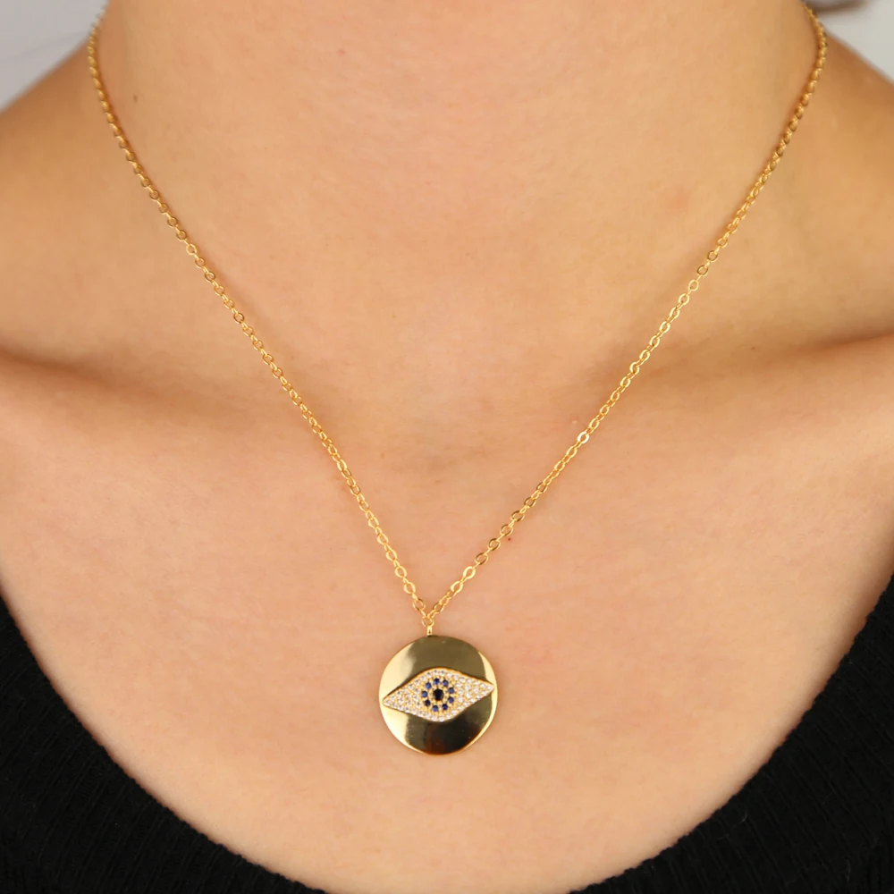 

Lucky evil eye Round charm pendant Necklace with Gold filled elegance gorgeous turkish evil eye necklace jewelry For wedding