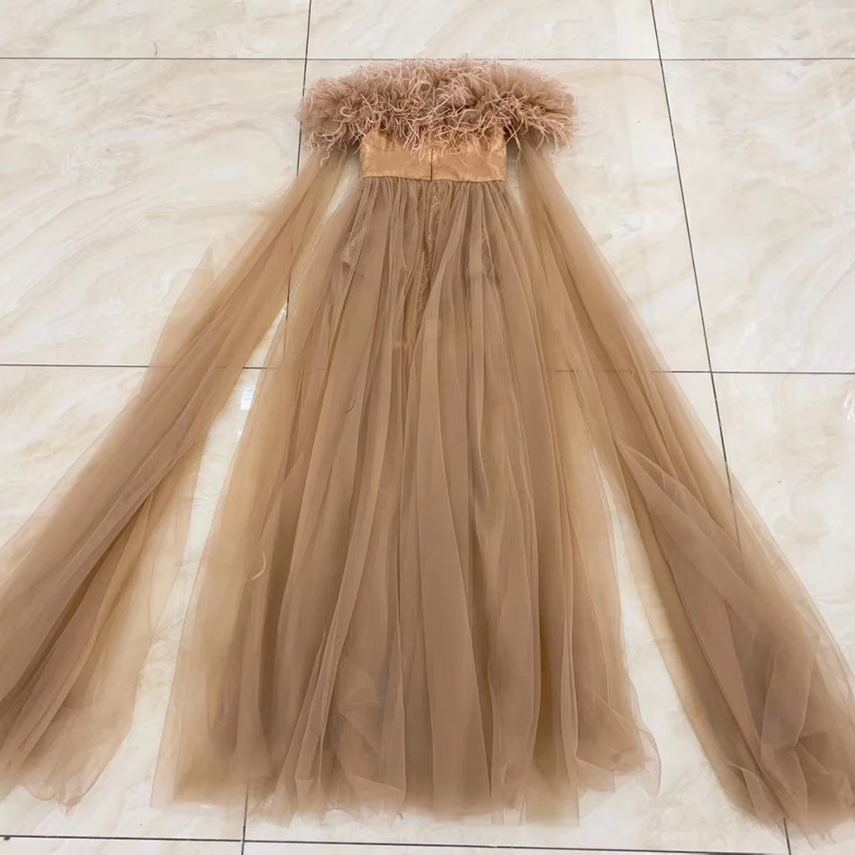 

Ailigou 2021 New Elegant Mesh Dress Sexy Women Strapless Ruffle Feather Lace Patchwork Vestidos Celebrity Party Dress