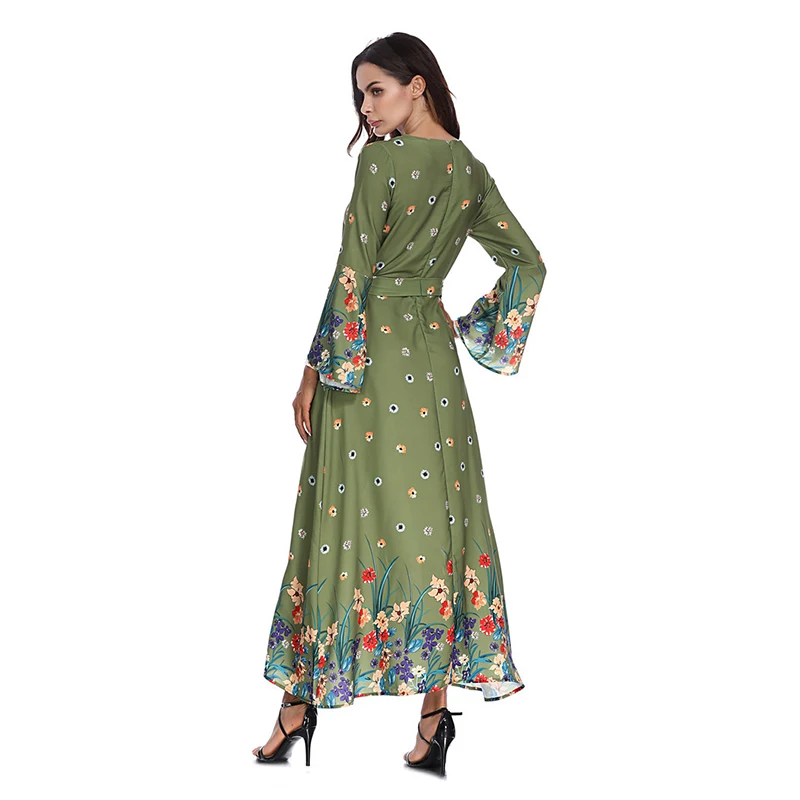 

Real Shot 2020 New Arab Middle East Slim Positioning Flower Trumpet Sleeve Tunic Dress Muslim Women Islamic Turkey Fashion