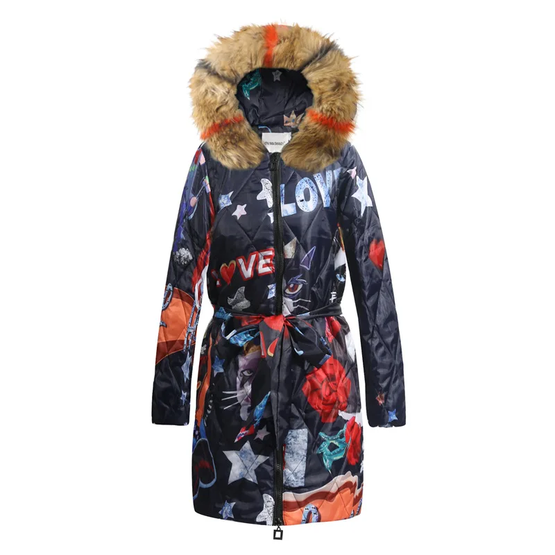 Large Size Parkas Printed Retro Women Cotton Coat 2021 New Winter Hooded Fur Collar Warm Fashion Women Cotton Jacket NBH180