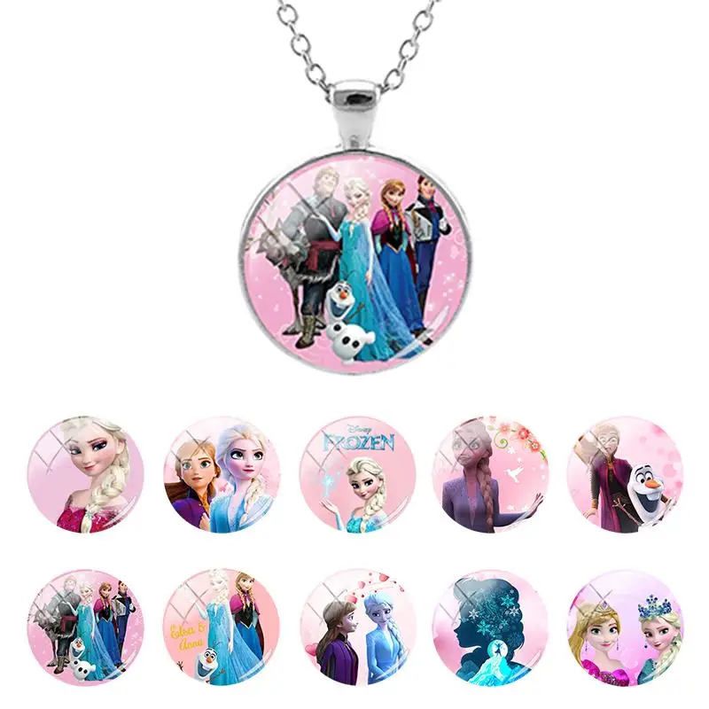 Disney Frozen Princess Elsa Anna Snow Glass Dome Pendant Necklace for Girls Trendy Cabochon Jewelry Birthday Present SQ170-25
