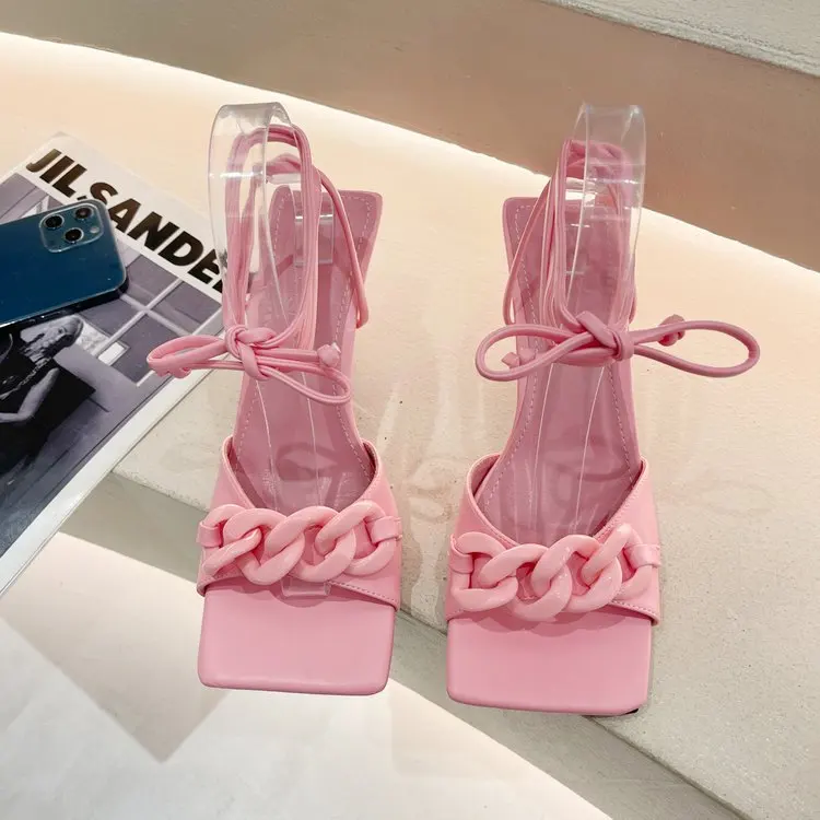 

High Heel Sandals Women Real Leather Narrow Band Metal Chain Ankle Strap Sandalias Summer Sexy Party Dress Shoesyt76