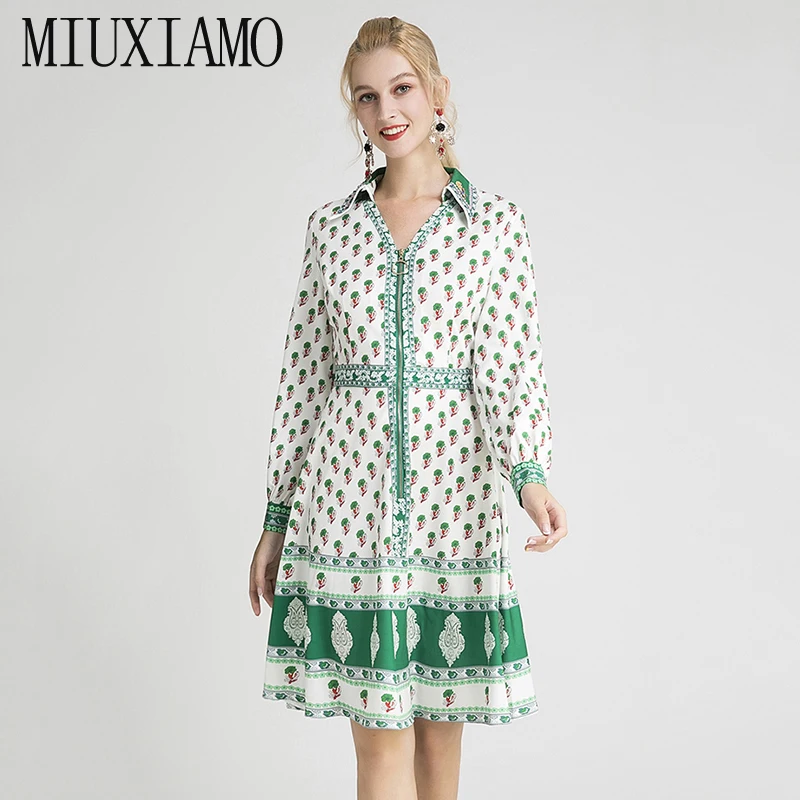 

MIUXIMAO Top Quality Fall Dress V-neck Newest Fashion Flower Print Mid-Calf Slim Eleghant Casual Dress Women vestidos