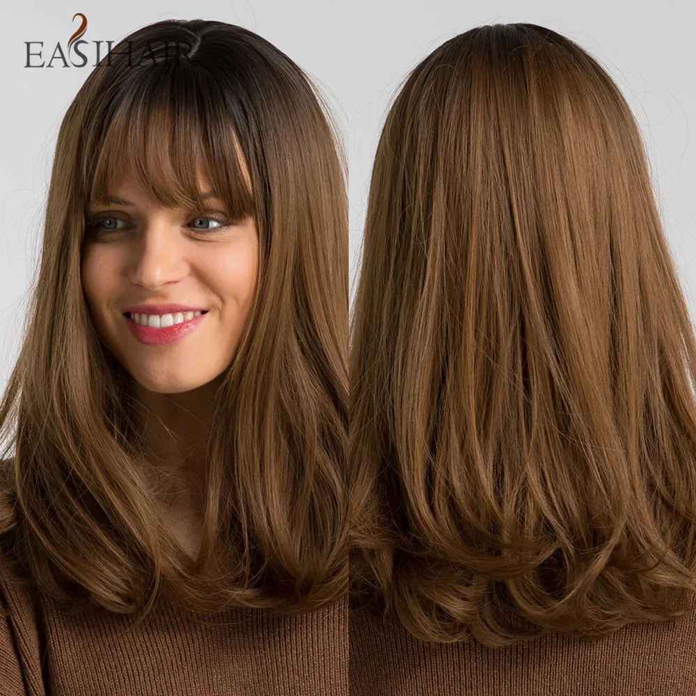 EASIHAIR Medium Chestnut Brown Synthetic Wigs for Women Natural Wave Medium Length Wigs Bangs Caramel Brown Wigs Heat Resistant