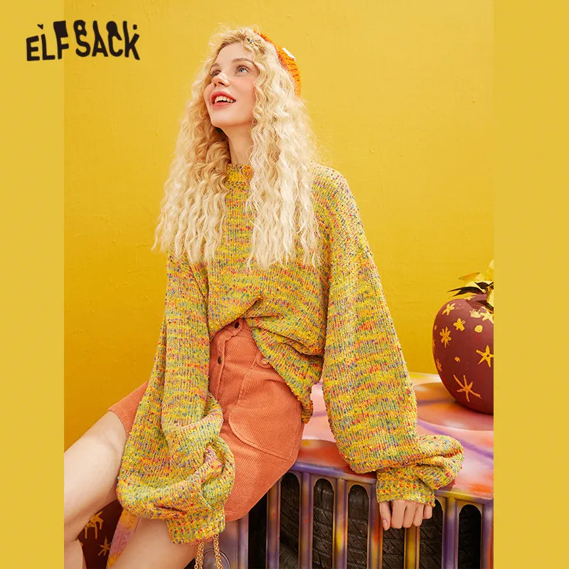 ELFSACK разноцветный вязаный женский пуловер свитера зима 2019 корейский стиль рукав