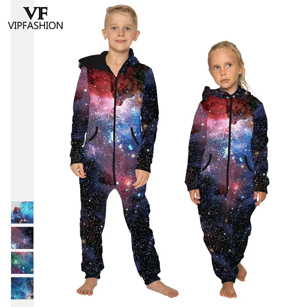 

VIP FASHION New Kid Spandex Costume Galaxy Starry Printed Nightwear Children's Loose Parent-child Jumpsuit Zippers Hooded Romper