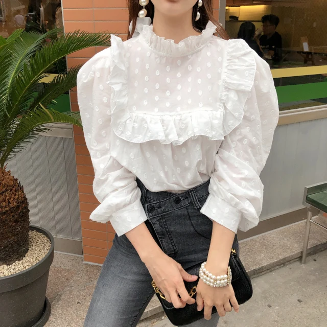 

Vintage Chic White Dots Puff Sleeve Women Blouses Embroidery Loose Shirts Ladies Tops And Blouses 2021 Spring