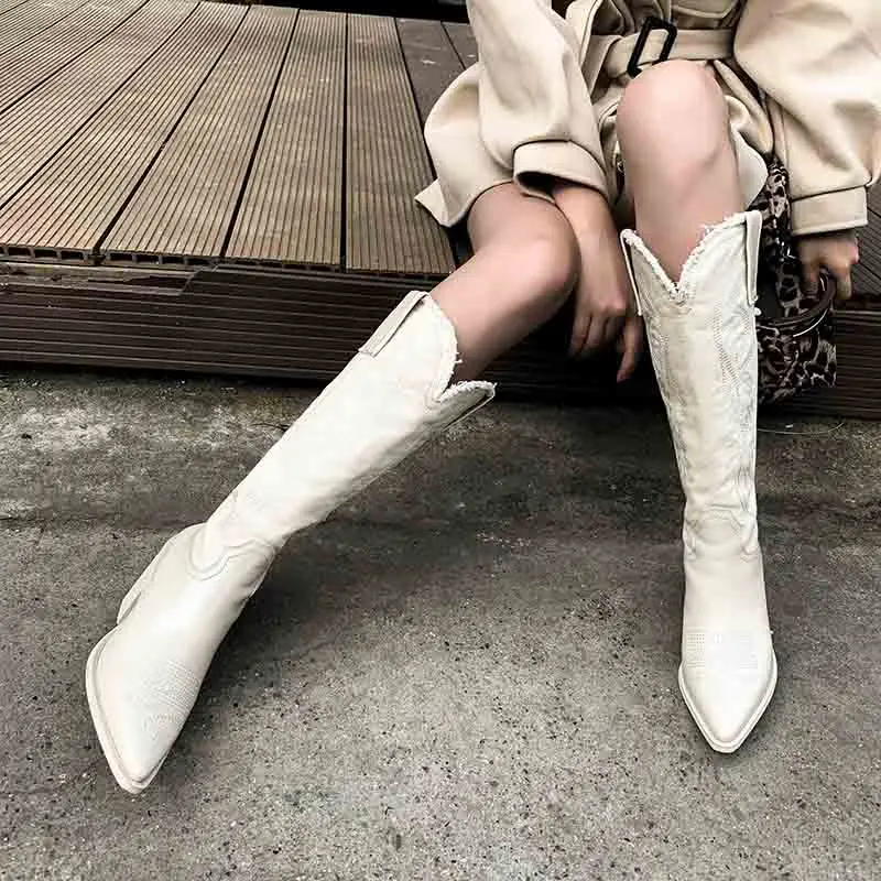 

Women Shoes Western Cowboy Ankle Boots Pointed Toe Leather Black Shoes Woman Heel Boots Autumn Winter Fashion Cowgirl Boots