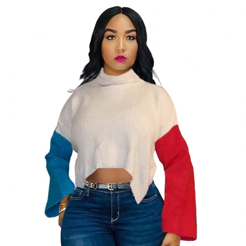 

Женский вязаный свитер, Повседневный пуловер с высоким воротником и расклешенными рукавами, с разрезом сзади, вязаный свитер в уличном стил...