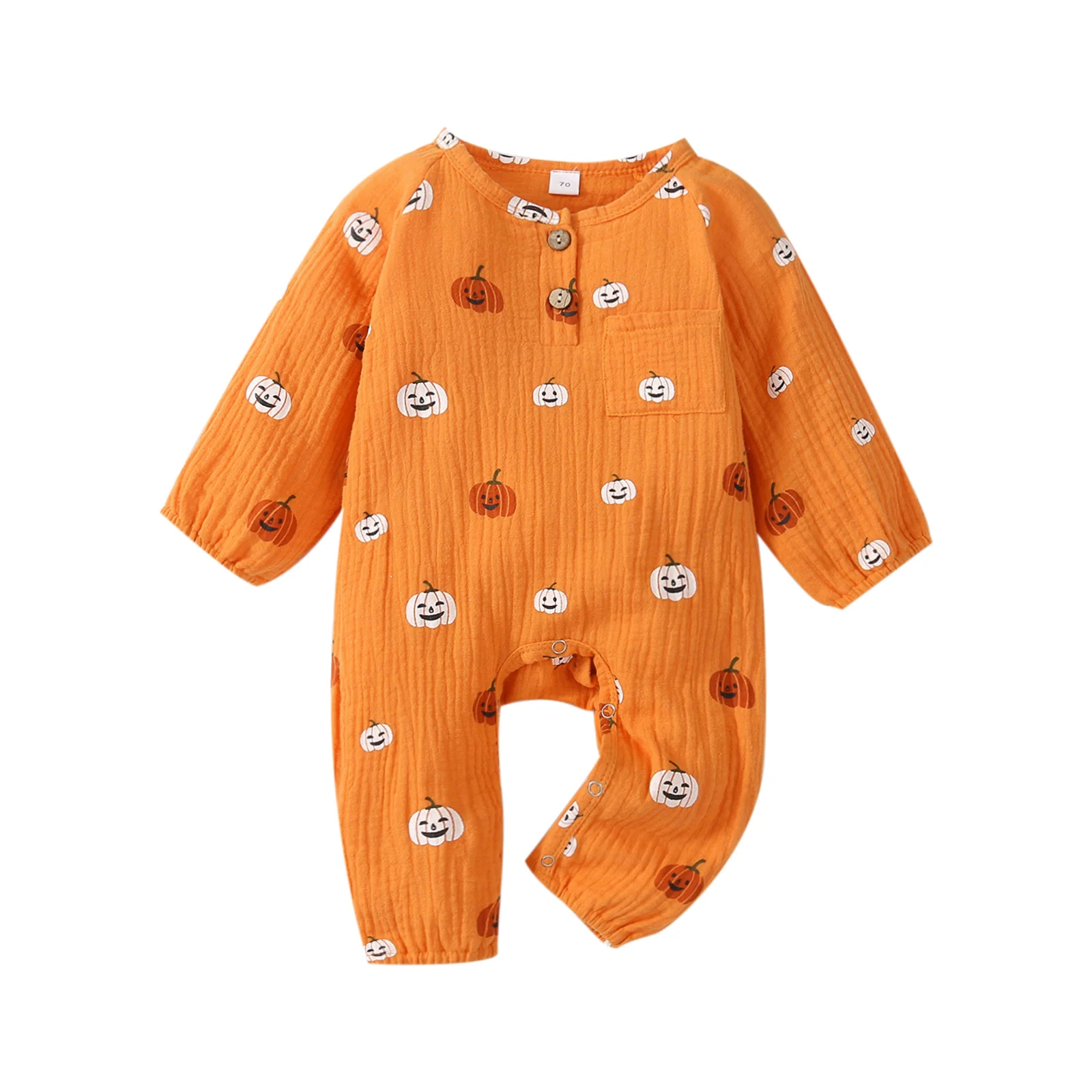

Baby Halloween Jumpsuit Pumpkin Print O-Neck Long Sleeve Romper with Buttons for Toddler Girls Boys 0-18 Months