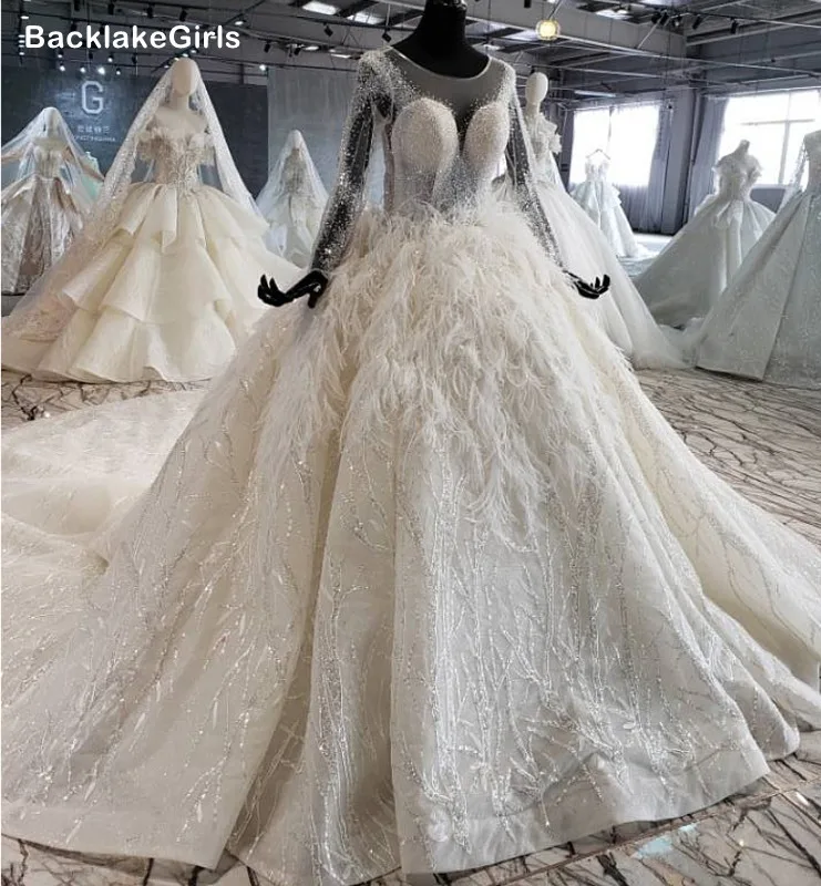 Высокая Класс Свадебные платья с длинными рукавами и головной повязкой пером 2020