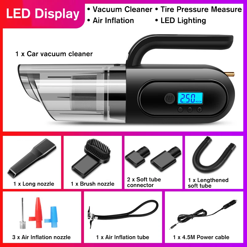 

4 in 1 Car Handheld Vacuum Cleaner 250W 25000PA Wet Dry Vacuum Cleaner For Car Cleaning USB Rechargeable Portable Auto Cleaner