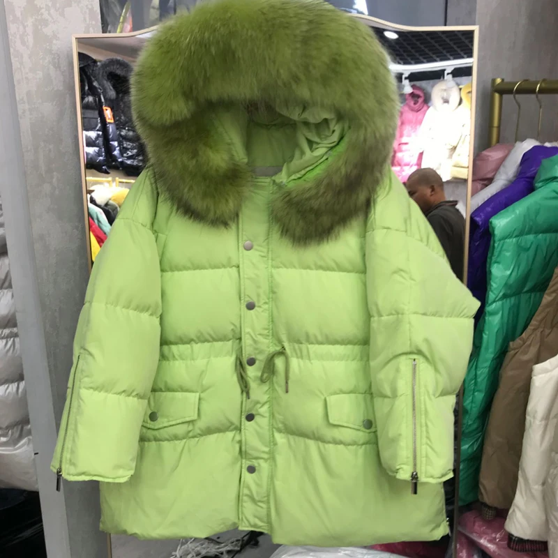 Куртка Janveny женская с большим капюшоном из натурального меха енота пуховик в