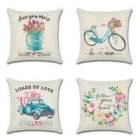 pink flowers tulip cushion covers linen blue bicycle truck rural pastoral pillow cover sofa decor valentines floral pillowcase