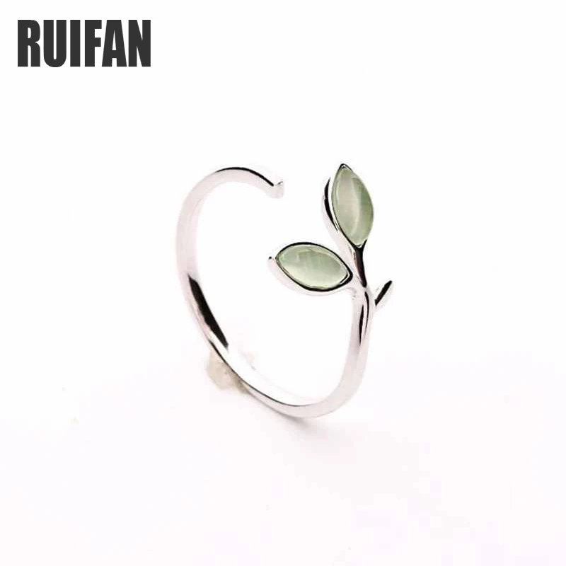 

Ruifan Hot Sale Korean Green Simulated Opal Rings Leaf Leaves Open Ring for Women Female Girls Ladys Fashion Jewelry Gift YRI135