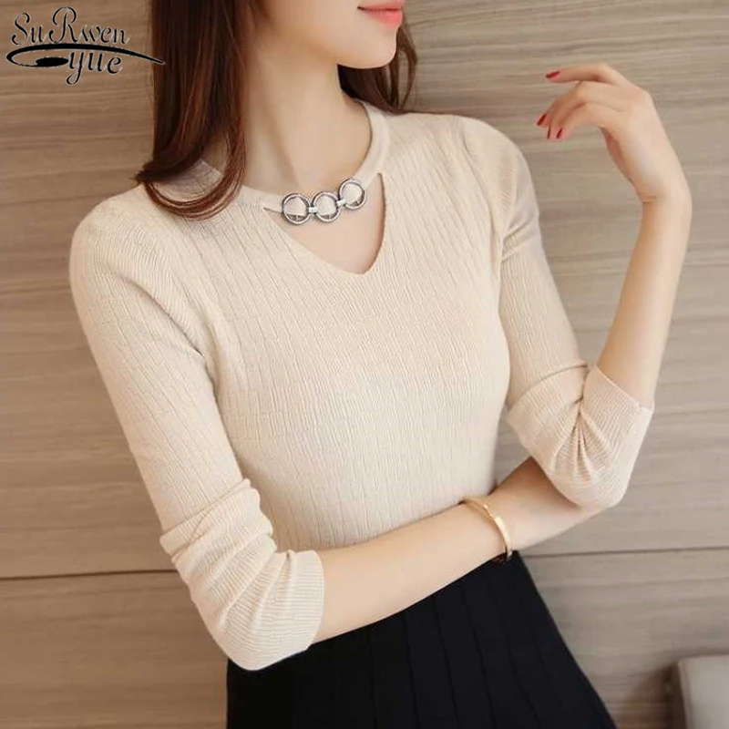 

2021 Women's Pullover Knit Korean New OL Style Autumn and Winter Thin Tight Solid Lonfg Sleeve Slim Women's Sweaters 10609