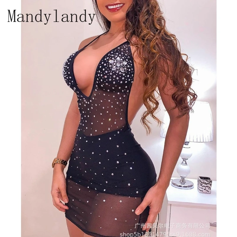 

Mandylandy Dress Summer Backless V-neck High Waist Halter Spaghetti Strap Dress Women's Sexy Diamond Slim-Fit See-through Dress