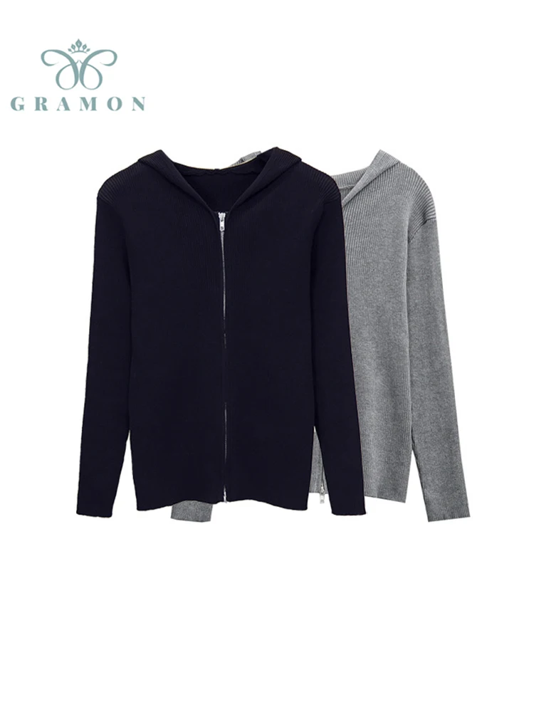 

Knitted Hoodies Woman Sweater Loose Coat Spring Fall Korean Casual All-Match Zippers Solid Color Long Sleeve Sweater Oversize