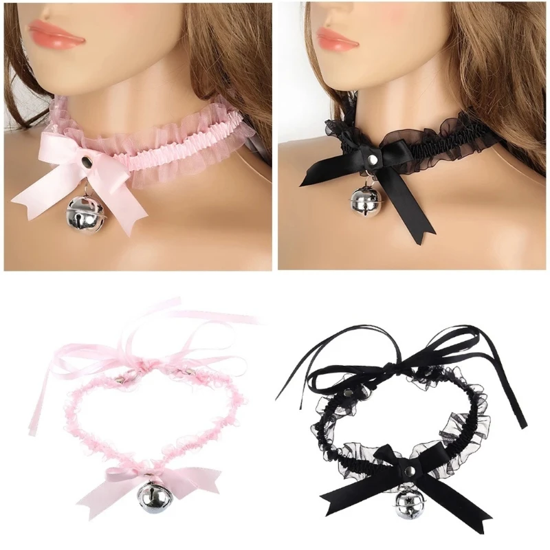 

Lace Choker with Bell Kitten Sweet Cute Gothic Choker Detachable Cosplay Party Adjustable Jewelry Black Pink White