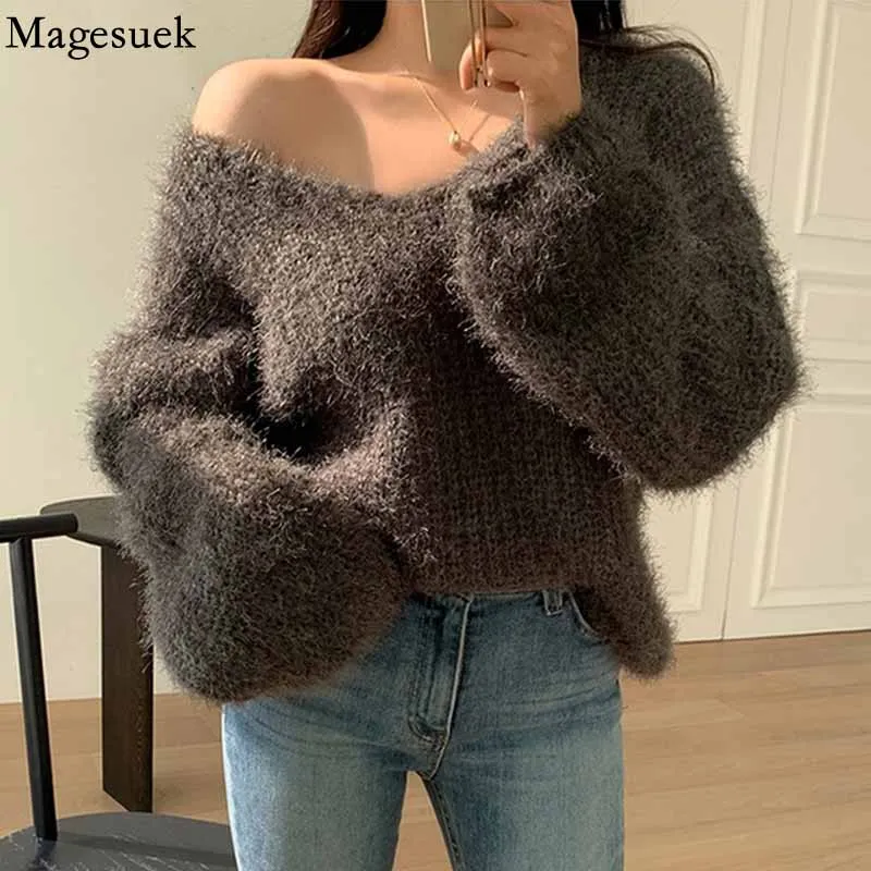 

Korean Fashion Loose Lazy Wind V-Neck Knitted Sweater Tops Autumn Women Mik Cashmere Girls Reversible Soft Warm Pullovers 16531