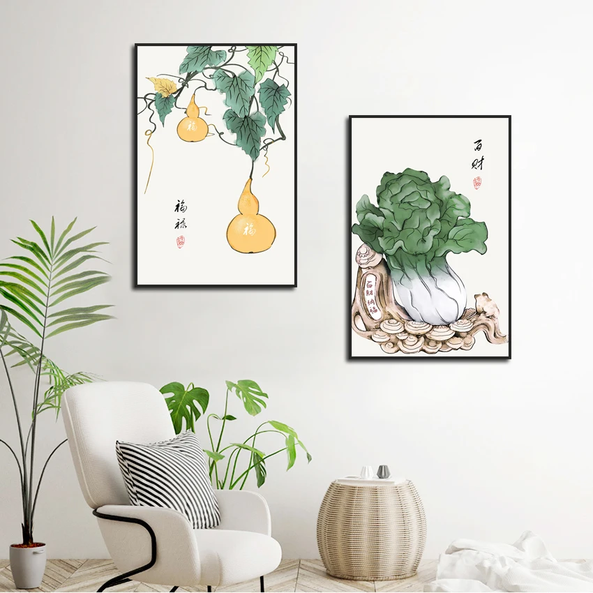 

Chinese Traditional Cabbage Gourd Canvas Painting Blue and White Porcelain Pictures for Living Room Bedroom Hanging Wall Art