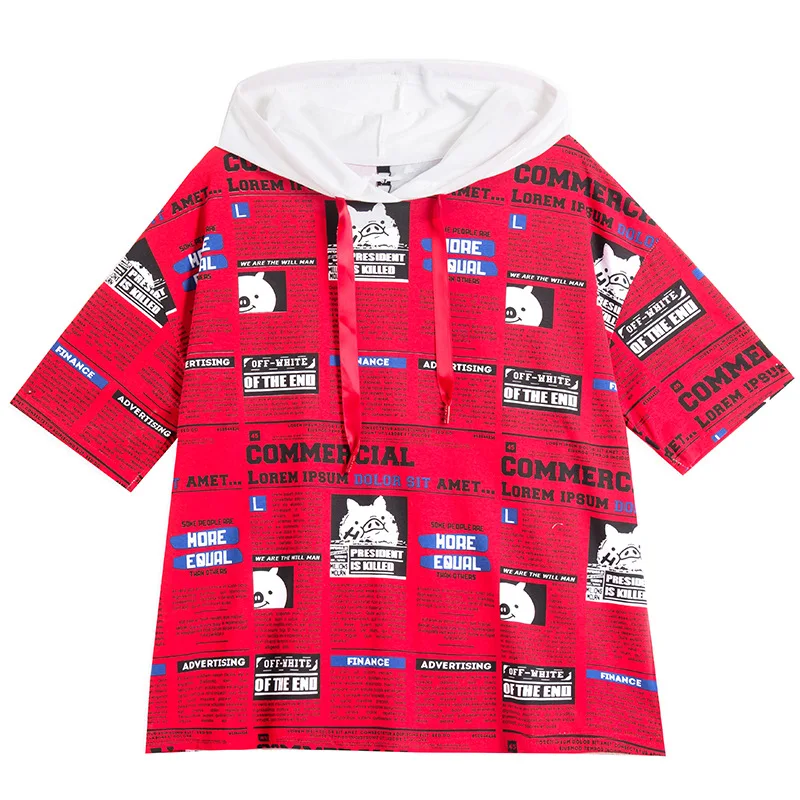 

2021 Summer Green Hooded T Shirt Women Letters Print Trendy Girls Street Snap Plus Size Red Hoodies Short Sleeve Dropshipping