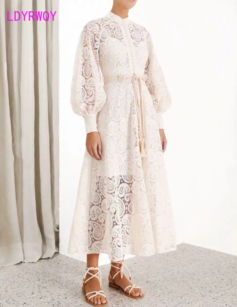 

2021 new temperament waist slimming long white lace hollow stand collar lantern sleeve dress Knee-Length Zippers