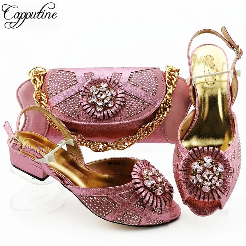 

Elegant pink wedding/party set medium heel African sandal shoes with handbag set for party MM1095, heel height 3.6cm