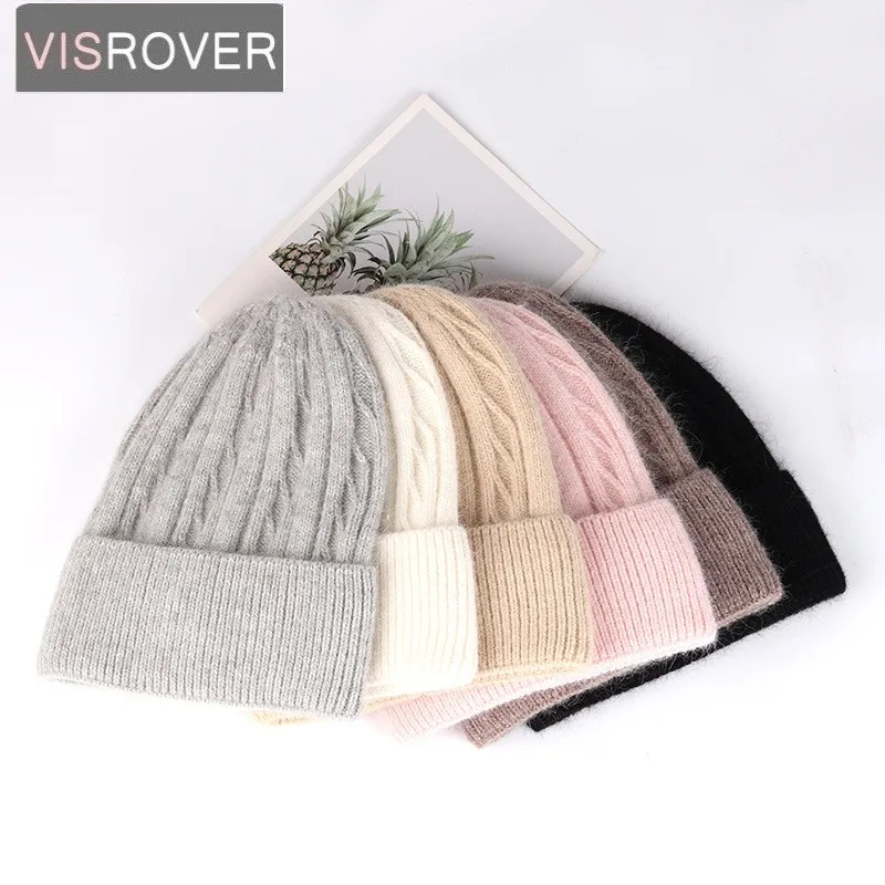 

VISROVER 6 Colors Winter Hat Beanie Solid Stripe Rabbit Hair Skully Luxury Bonnet Woman Soft Warm Skullies Female Cap Wholesale