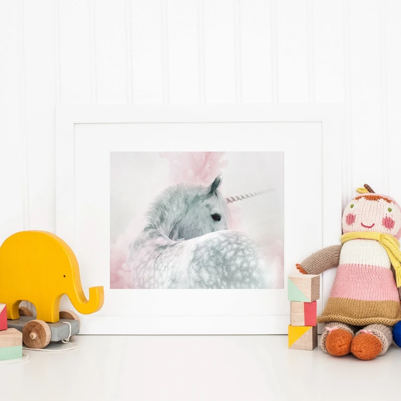 Для девочек Спальня украшения Единорог Детская Wall Art печати и плакат розовый