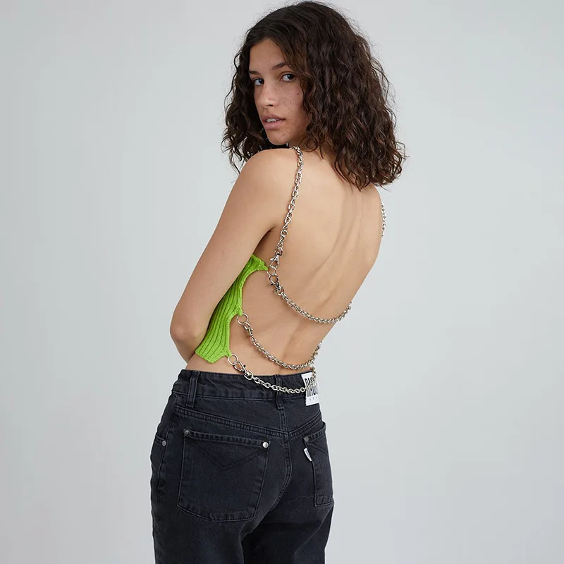 

Women Y2K Chic Chain Straps Knitted Skinny Tank Top Backless Sleeveless Sexy Trend Crop Top Streetwear Slim Outfits