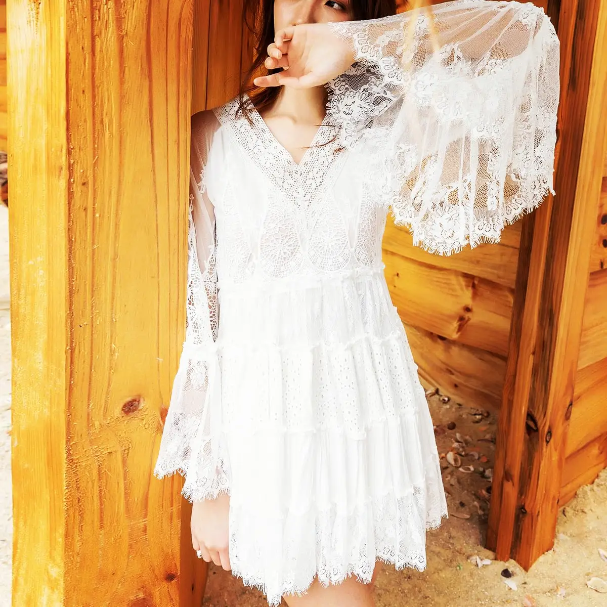 

Jastie 2022 Spring Summer Dress V-Neck Flare Sleeve Patchwork Lace Chiffon Dresses for Women Clothing Boho Mini Dress Vestidos