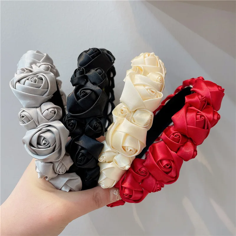 

New Fabric Rose Flower Headband Fashion Hair Accessories Women Three-dimensional Flower Color Matching Wide-brimmed Hair Bands