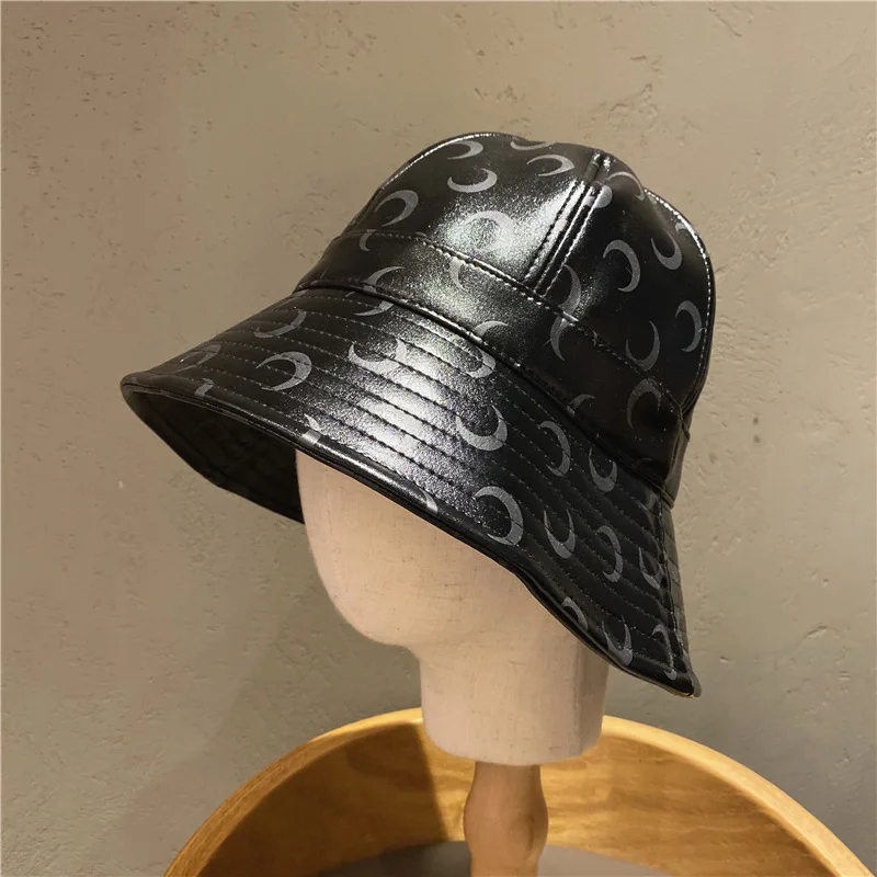 

New Products Autumn Winter Fashion Classic Crescent Printed Basin Cap Moon Sunscreen Denim PU Skin Moon Fisherman's Hat Tide M2