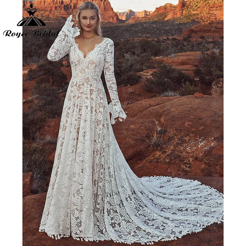 Потрясающее Пляжное свадебное платье А-силуэта в стиле бохо с длинным рукавом и