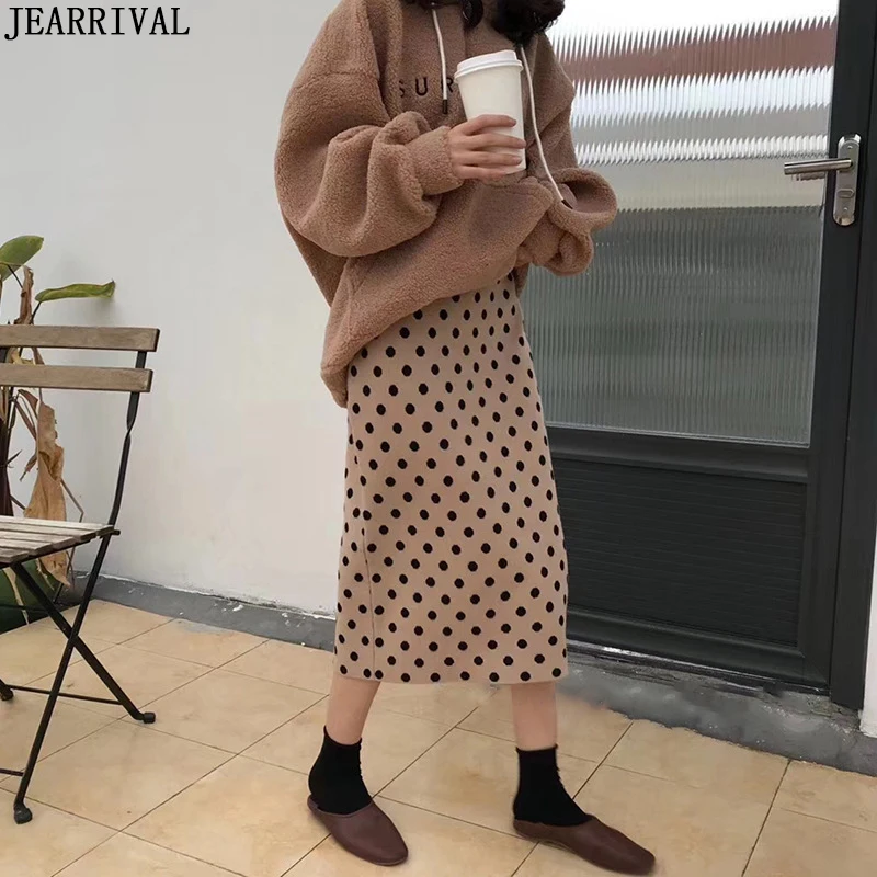 2019 новые зимние женские юбки в горох с высокой талией тонкая трикотажная юбка