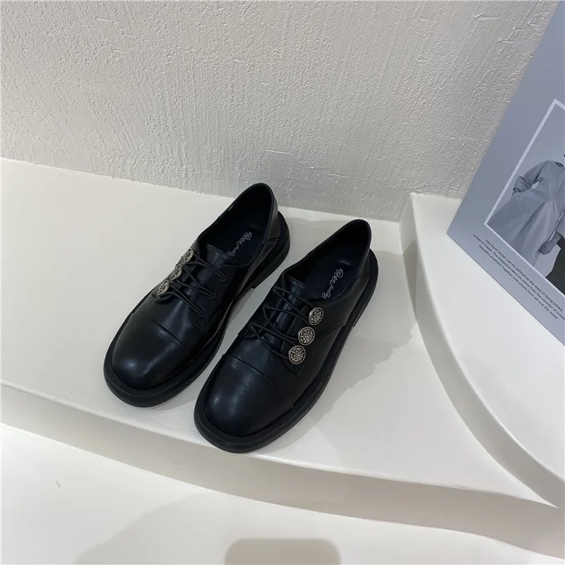 

Womens Derby Shoes Round Toe Loafers With Fur Autumn Black Flats All-Match Casual Female Sneakers British Style Soft Leather Sli