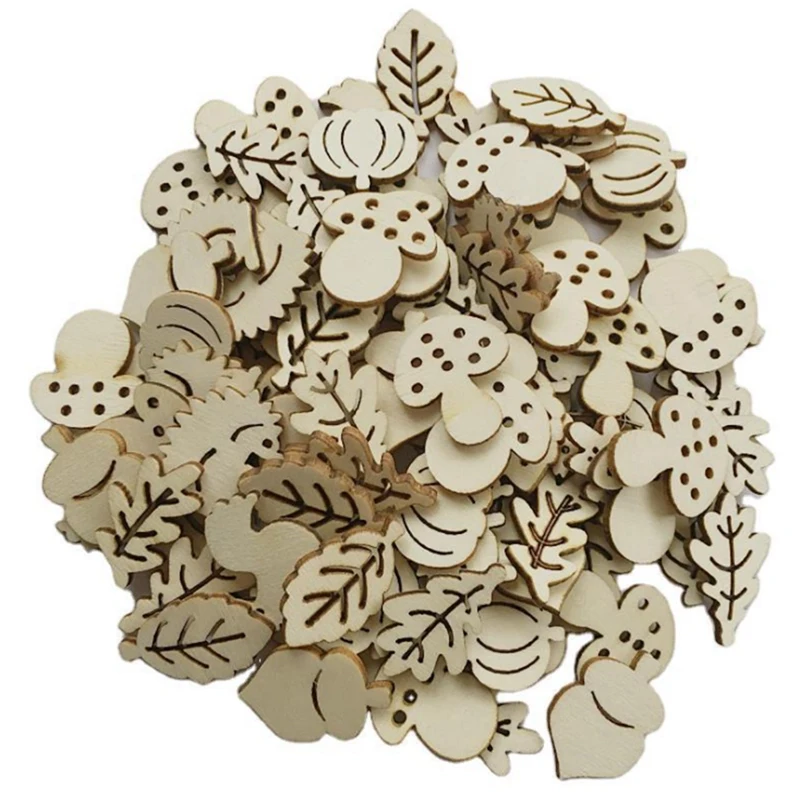 

200PCS Wooden Cartoon Pieces Wood Animal Mushroom Leaf Embellishments for DIY Art Craft Decoration